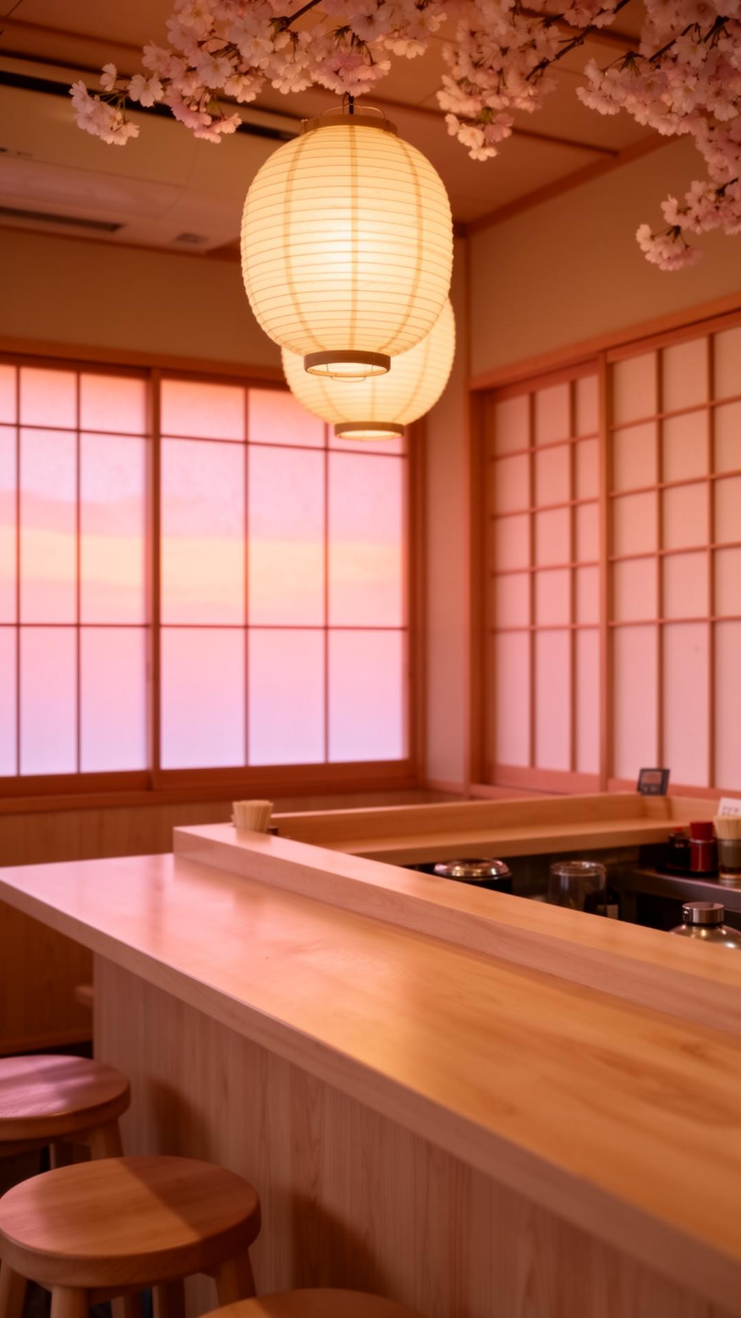 Soft Japanese ramen counter at golden hour