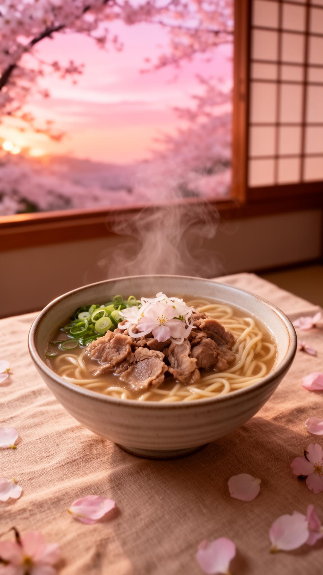 Bowl of ramen at golden hour with sakura